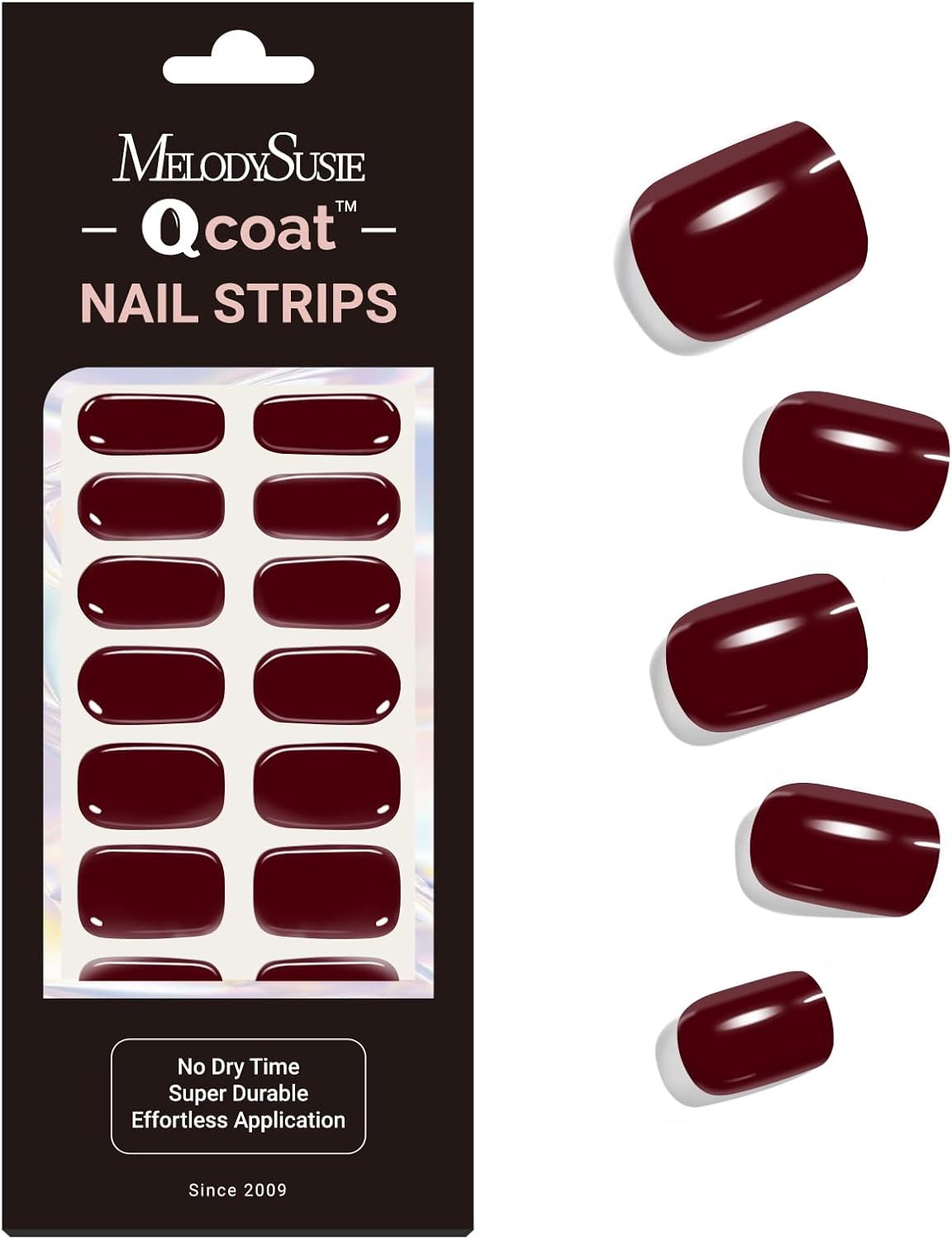 MelodySusie Qcoat Fully Cured Gel Nail Strips, Wine Red, UV Free Nail Polish Strips, Salon Quality, Long Lasting Gel Nail Stickers, Includes 22 Nail Wraps, 2 Prep Pads, Nail File, Wooden Stick