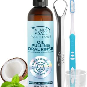 Venus Visage Coconut Oil Pulling for Teeth with Tongue Scraper, 8 fl oz - Peppermint & Coconut Pulling Oil for Teeth and Gums - Alcohol-Free Oil Pulling Oral Rinse