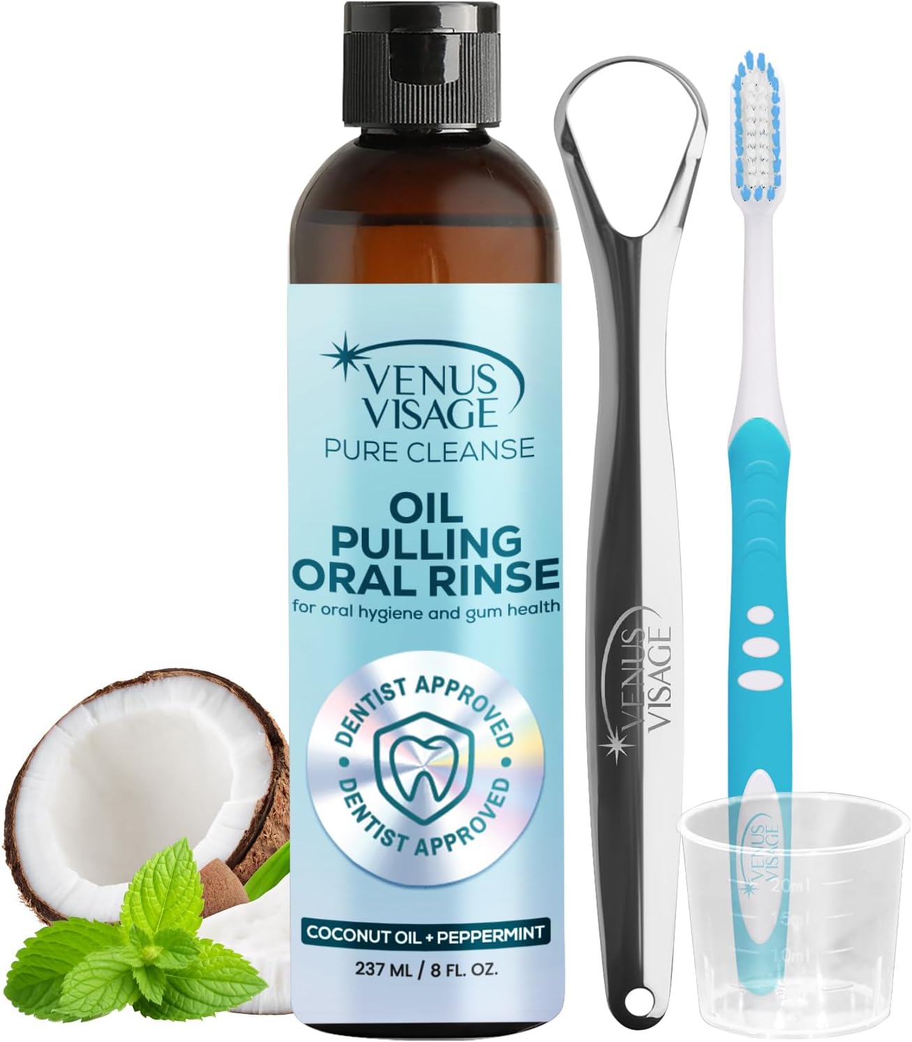 Venus Visage Coconut Oil Pulling for Teeth with Tongue Scraper, 8 fl oz - Peppermint & Coconut Pulling Oil for Teeth and Gums - Alcohol-Free Oil Pulling Oral Rinse