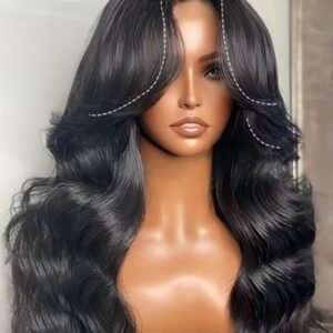 UNICE Real Scalp Glueless Wig Human Hair 13x4 Invisible HD Lace Front Wigs Loose Wave Face Framing Curtain Bangs Wig with Elastic Drawstring Pre Plucked Pre Cut Bleached Knots Wig for Women 18 Inch