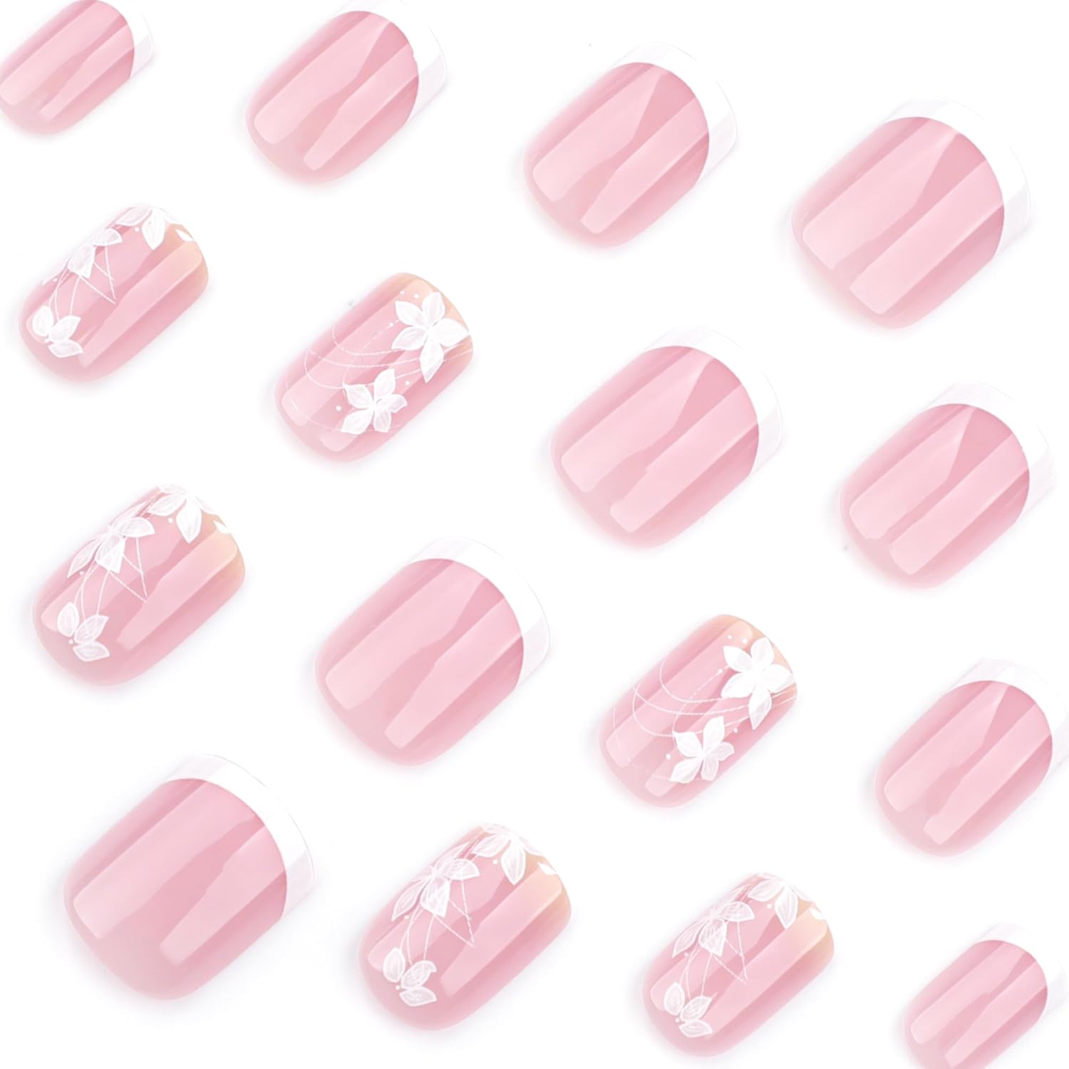 Short Square Nude French Tip Press On Nails with Floral Accents - Set of 24 - Image 2
