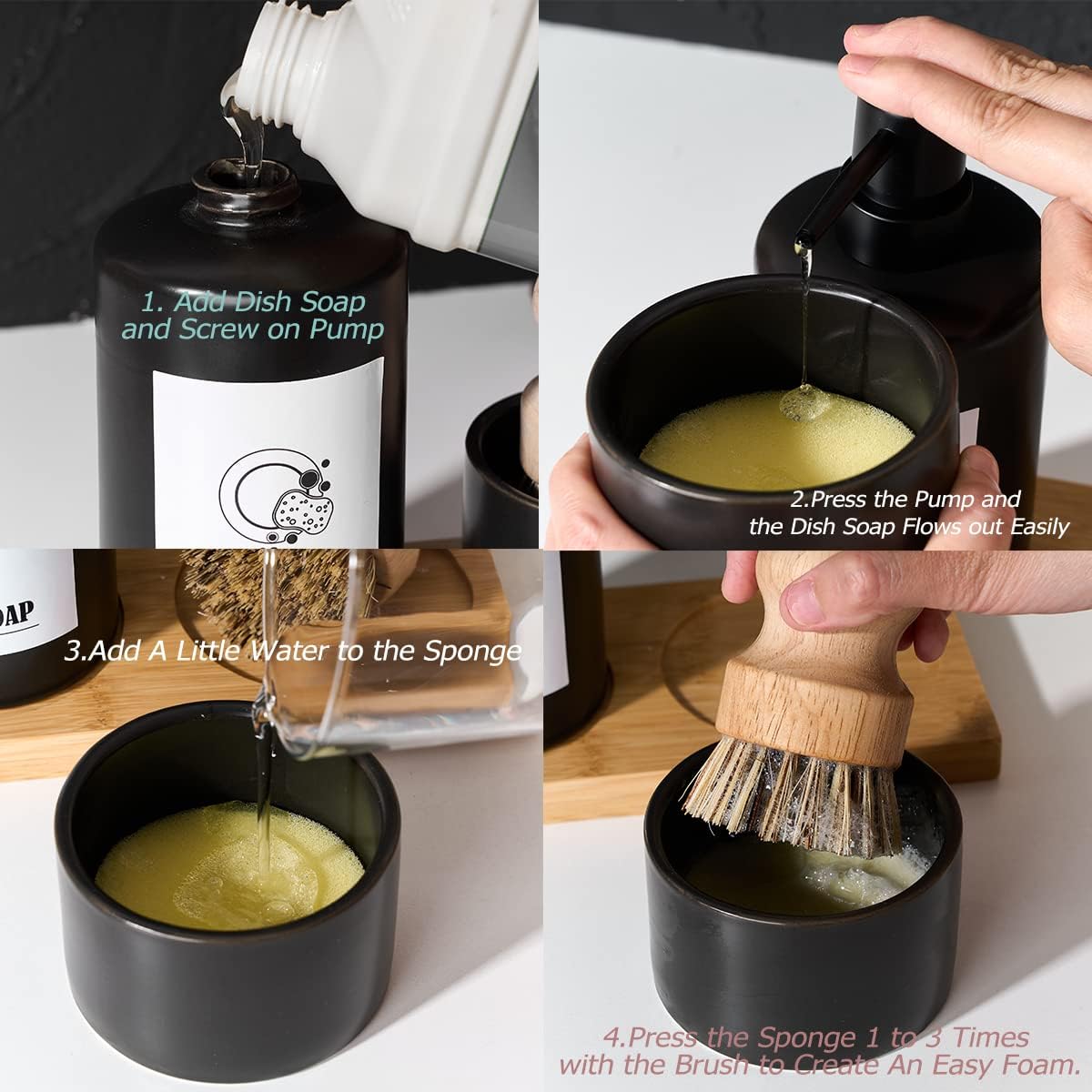 Black Kitchen Soap Dispenser Set with Rubber Wood Brush, Bamboo Tray - 13.5oz - Image 6