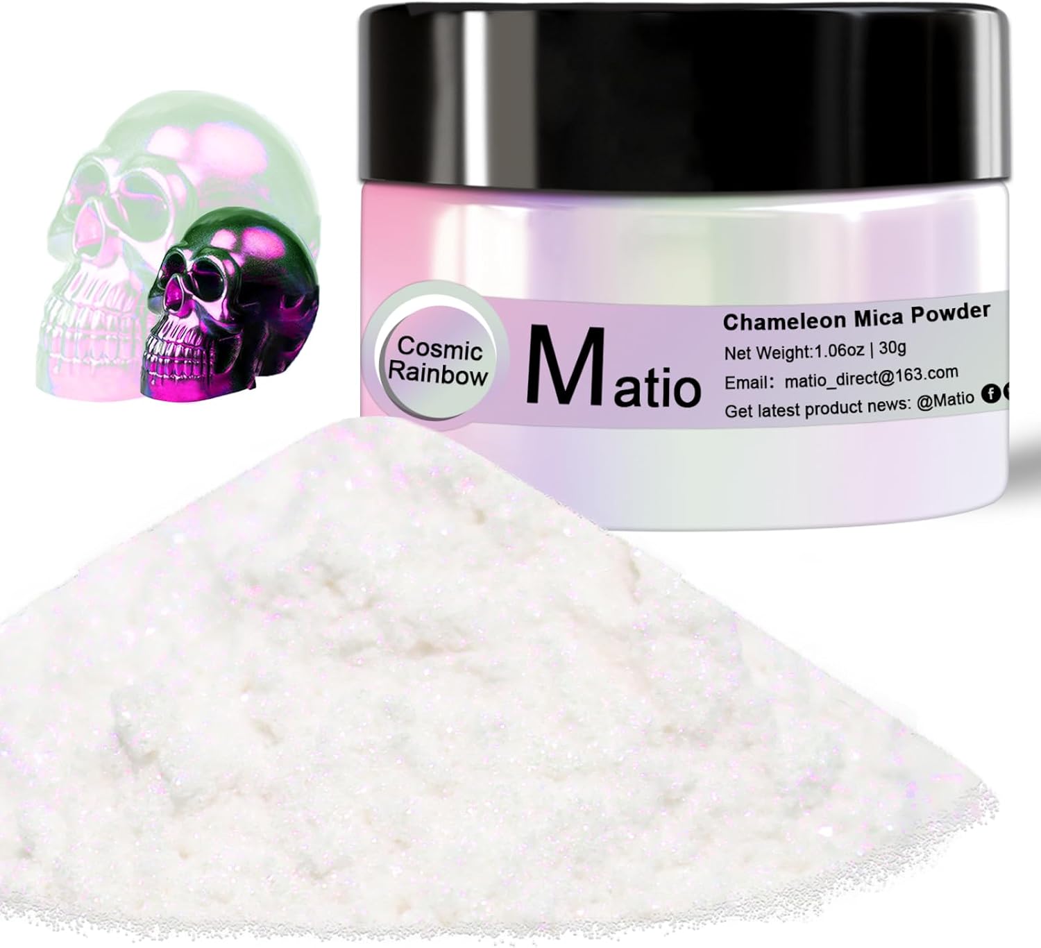 Matio Chameleon Mica Powder, 1.06oz/ 30g Cosmic Rainbow White Chrome Powder, Pearlescent Effect Color Shift Pigment for Resin Craft, Soap Candle Dye, Nail Art, Makeup, Bath Bomb,Paint,Slime Pigment
