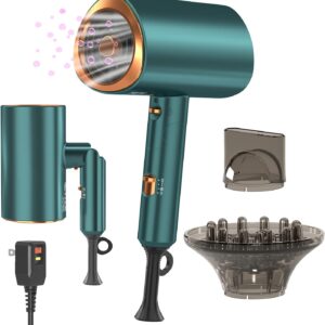 Professional Ionic Hair Dryer Blow Dryer with Diffuser and Concentrator for Curly Hair,Foldable Handle Travel Hair Dryer,Constant Temperature Hair Care (Vintage Green)