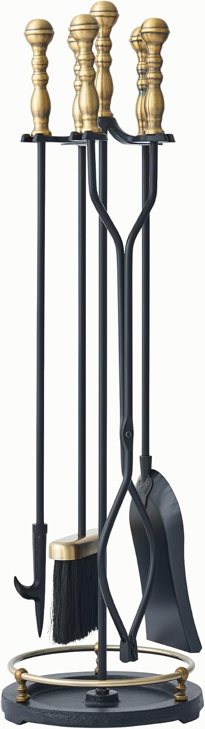 Lichamp Fireplace Tools Set, 5-Pieces Indoor Outdoor Sturdy Fire Place Poker Sets with Retro Gold Handle, FTS45GD