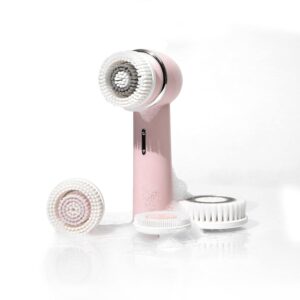 Vanity Planet Raedia 2.0 Facial Cleansing Brush, 4 Interchangeable Brush Heads, Pink - Daily Cleansing Face Exfoliator for Glowing & Acne Prone Skin - Lightweight Silicone Water-Resistant Body Brush