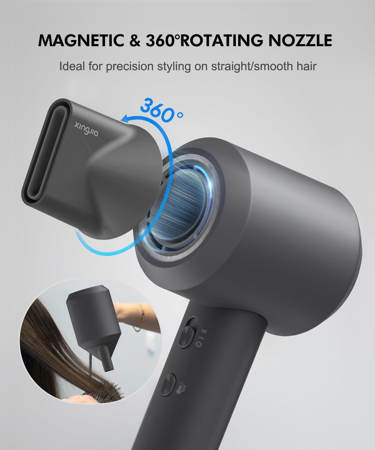 High Speed Ionic Hair Dryer, 1500W, Professonal Blow Dryer 110,000 RPM Brushless Motor for Fast Dry, 600M Negative Ions, Low Noise for Home Travel with 360° Magnetic Nozzle - Image 7