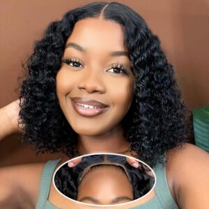 Glueless Wigs Human Hair Pre Plucked Pre Cut, Short Curly Deep Wave Lace Front Wigs Human Hair, 180% Density Wear and Go Glueless Bob Wig Human Hair for Women 10 Inch Natural Black