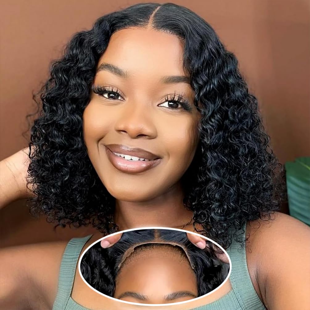 Glueless Wigs Human Hair Pre Plucked Pre Cut, Short Curly Deep Wave Lace Front Wigs Human Hair, 180% Density Wear and Go Glueless Bob Wig Human Hair for Women 10 Inch Natural Black