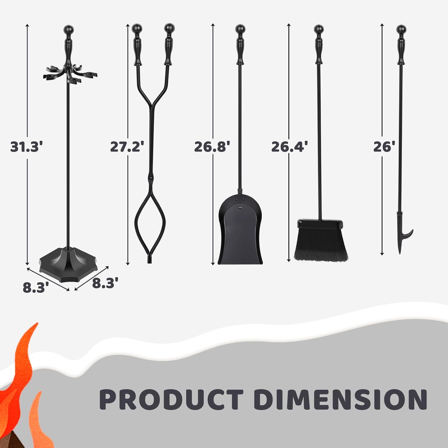 31 Inch 5-Piece Wrought Iron Fireplace Tool Set Ergonomic Handles Indoor Outdoor Use - Image 3