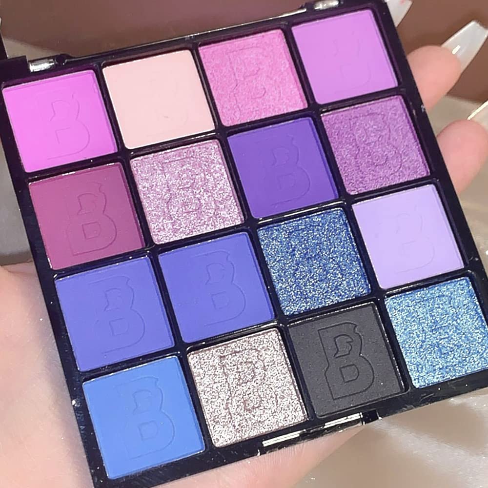 Purple & Blue Eyeshadow - 16 Color Glitter & Matte Eyeshadow Palette, Korean Makeup, Waterproof & Bright Colours