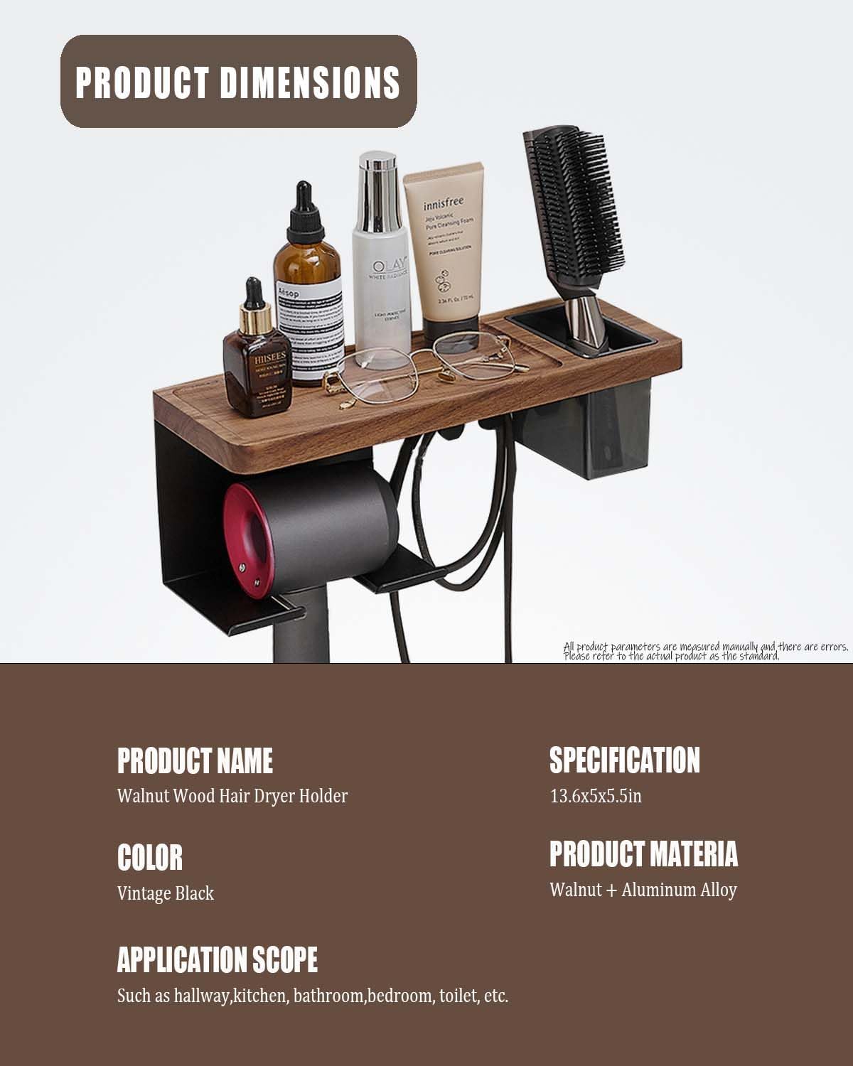 Modern Black Walnut Set Wall Mounted Hair Dryer Holder Aluminum Alloy Organizer - Image 6