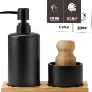 Black Kitchen Soap Dispenser Set,Hand and Dish Soap Dispenser Set with Rubber Wood Dish Brush and Bamboo Tray,13.5OZ Soap Dispenser Set for Kitchen,Refillable Soap Bottle for Home Decor