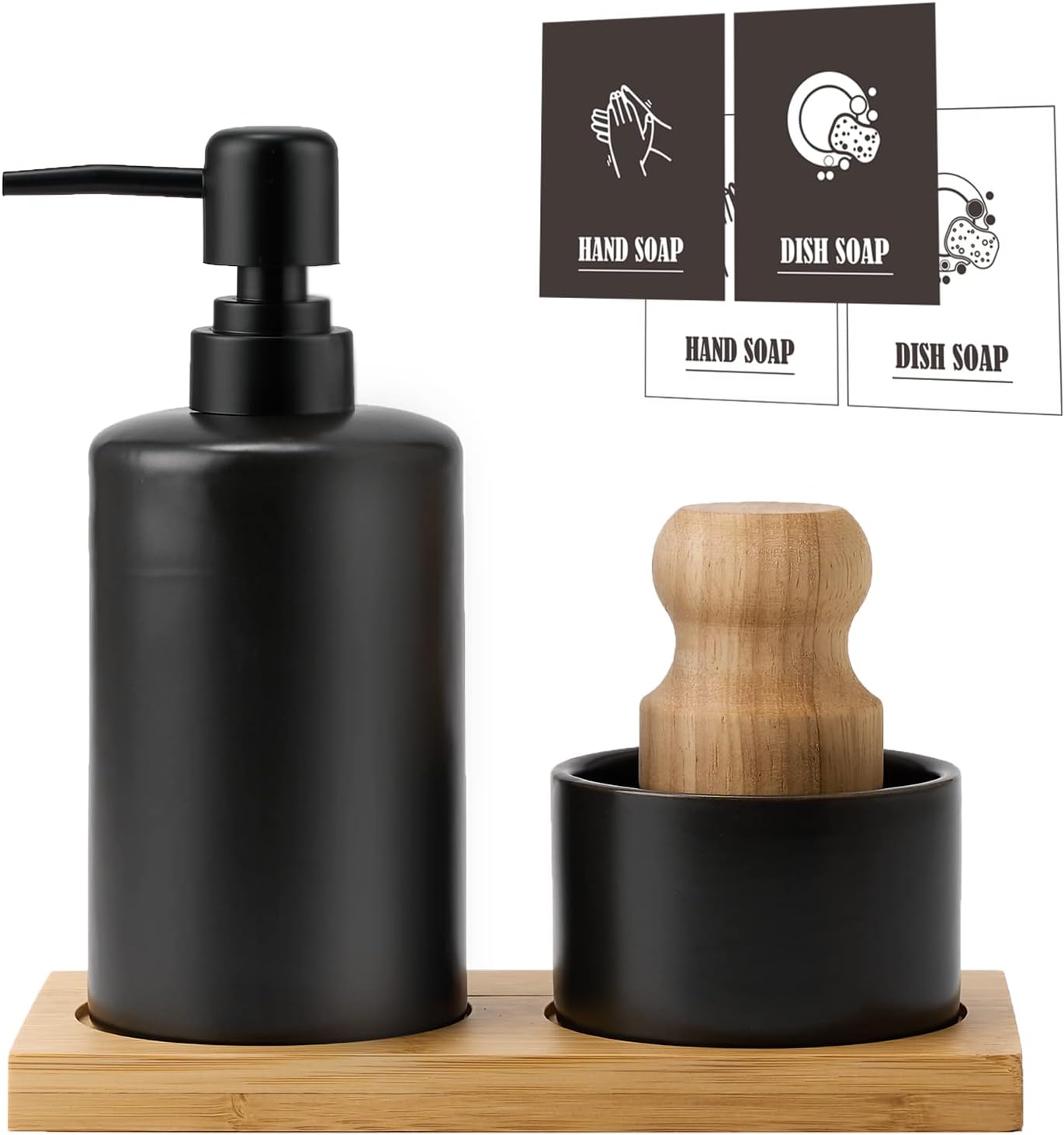 Black Kitchen Soap Dispenser Set,Hand and Dish Soap Dispenser Set with Rubber Wood Dish Brush and Bamboo Tray,13.5OZ Soap Dispenser Set for Kitchen,Refillable Soap Bottle for Home Decor