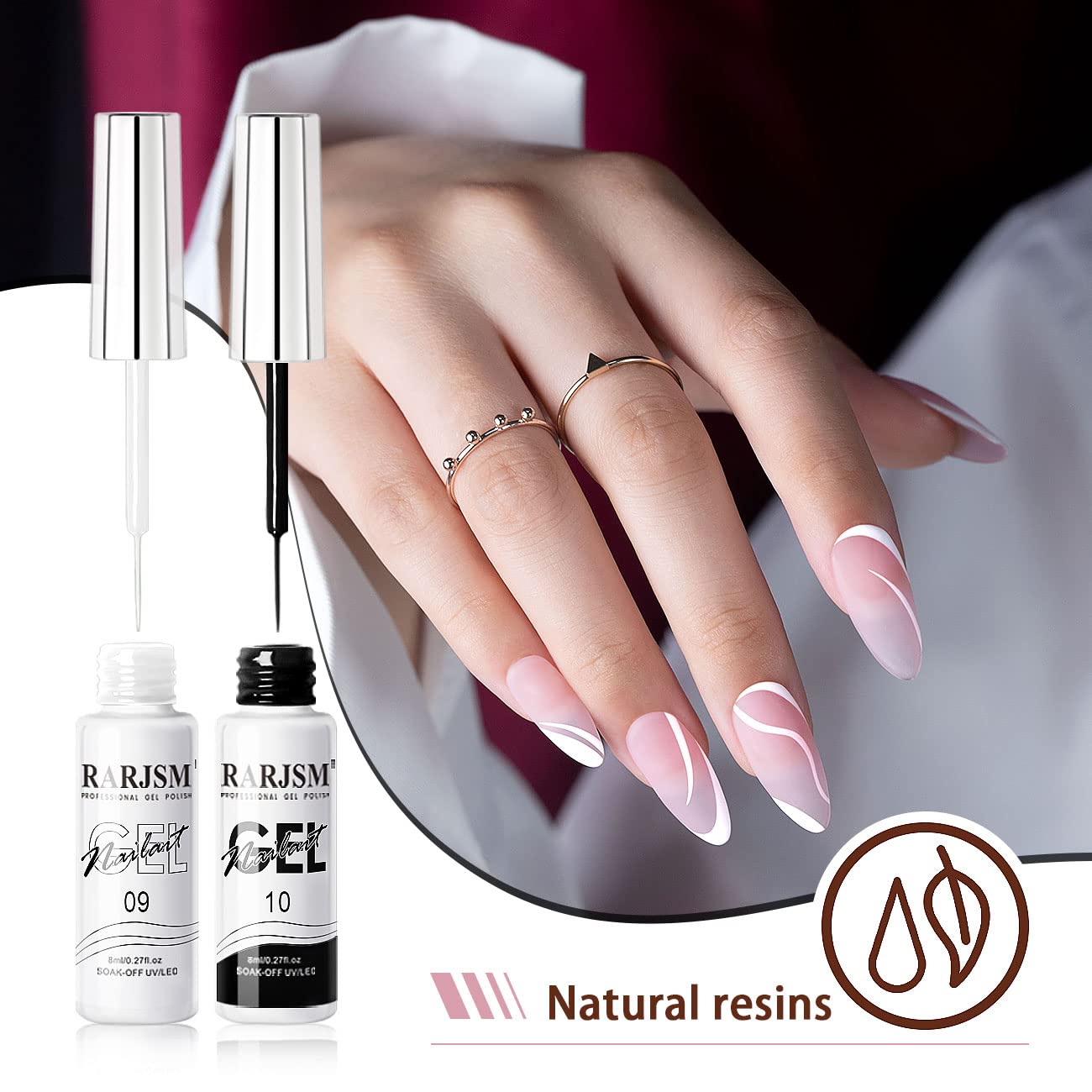 RARJSM 2Pcs 8ml Black and White Nail Art Liner Gel Polish Set with Brush - Image 4