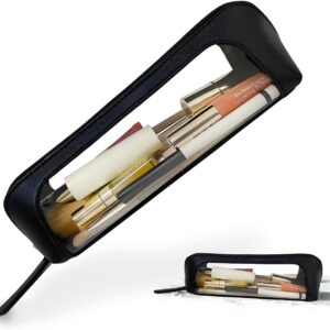 Clear Makeup Brush Bag Case,Leather Travel Make up Brush Holder, Portable MakeupBrush Case, Make Up Brush Pouch for Makeup Tools, Cosmetic Organizer with Zipper (Black)