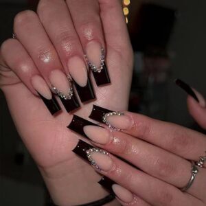 Long Press on Nails French Tip Fake Nails Black Acrylic Nails with Rhinestones Design Coffin Nails Tips Full Cover False Nails Reusable Glue on Nails Glossy Artificial Nails for Women Girls 24Pcs