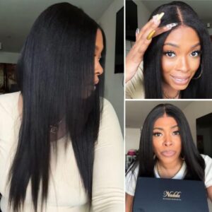 Nadula Yaki Straight Bye Bye Knots Glueless Kinky Edge Hairline 7x5 Pre Cut Lace Front Wigs Human Hair Pre Plucked Bleached 3S Glueless Wig 150% Density 14 Inch