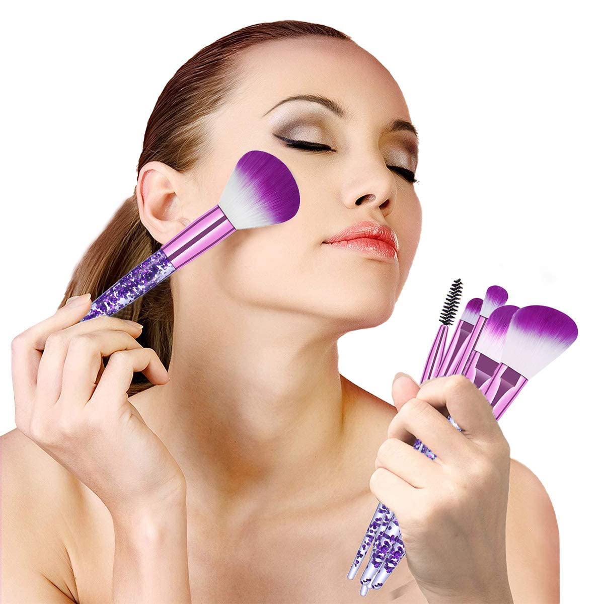 10 Piece Purple Glitter Handle Makeup Brush Set with Clear Pouch for Face & Eyes - Image 5