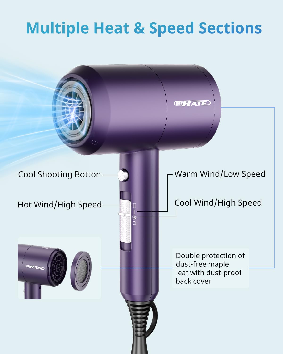 SHRATE 1800W Lightweight Ionic Travel Hair Dryer with Diffuser - Low Noise Mini Design - Image 7