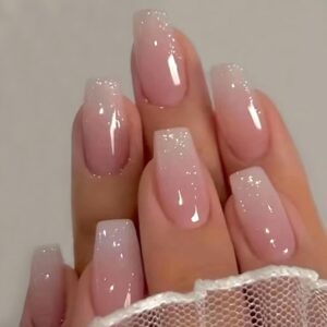 Nails Press ons，Medium Press on Nails Coffin Ombre Pink Fake Nails with Glitter Powder Press ons Designs Acrylic Artificial False Nails Stick on Nails for Women 30pcs