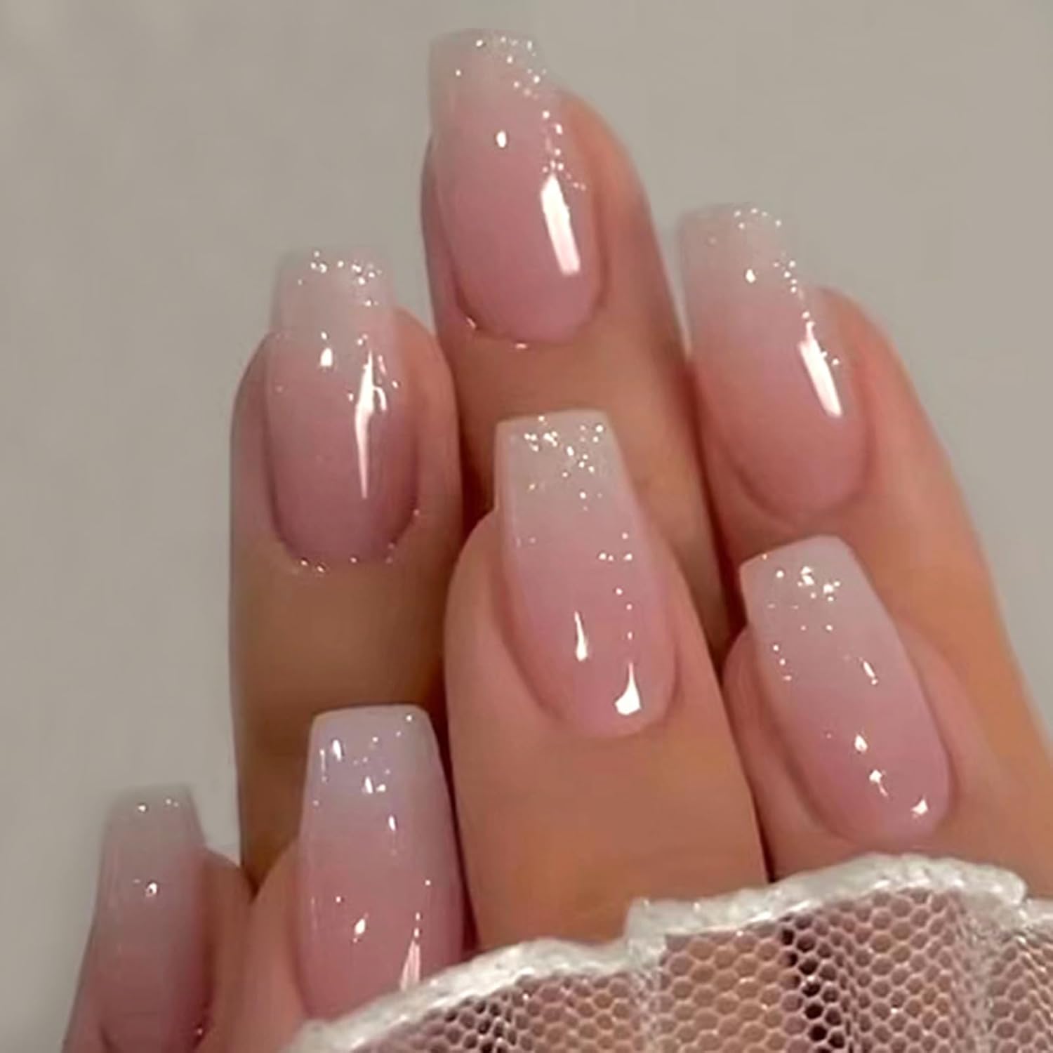 Nails Press ons,Medium Press on Nails Coffin Ombre Pink Fake Nails with Glitter Powder Press ons Designs Acrylic Artificial False Nails Stick on Nails for Women 30pcs