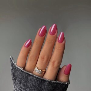 Hot Pink Chrome Press on Nails Medium Almond Nails Press ons Metallic Nails Glue on, Acrylic Nails Fake Nails for Women, Thick Shinny Glazed False Nails Glue on Nails Medium Oval Nails for Party 24Pcs