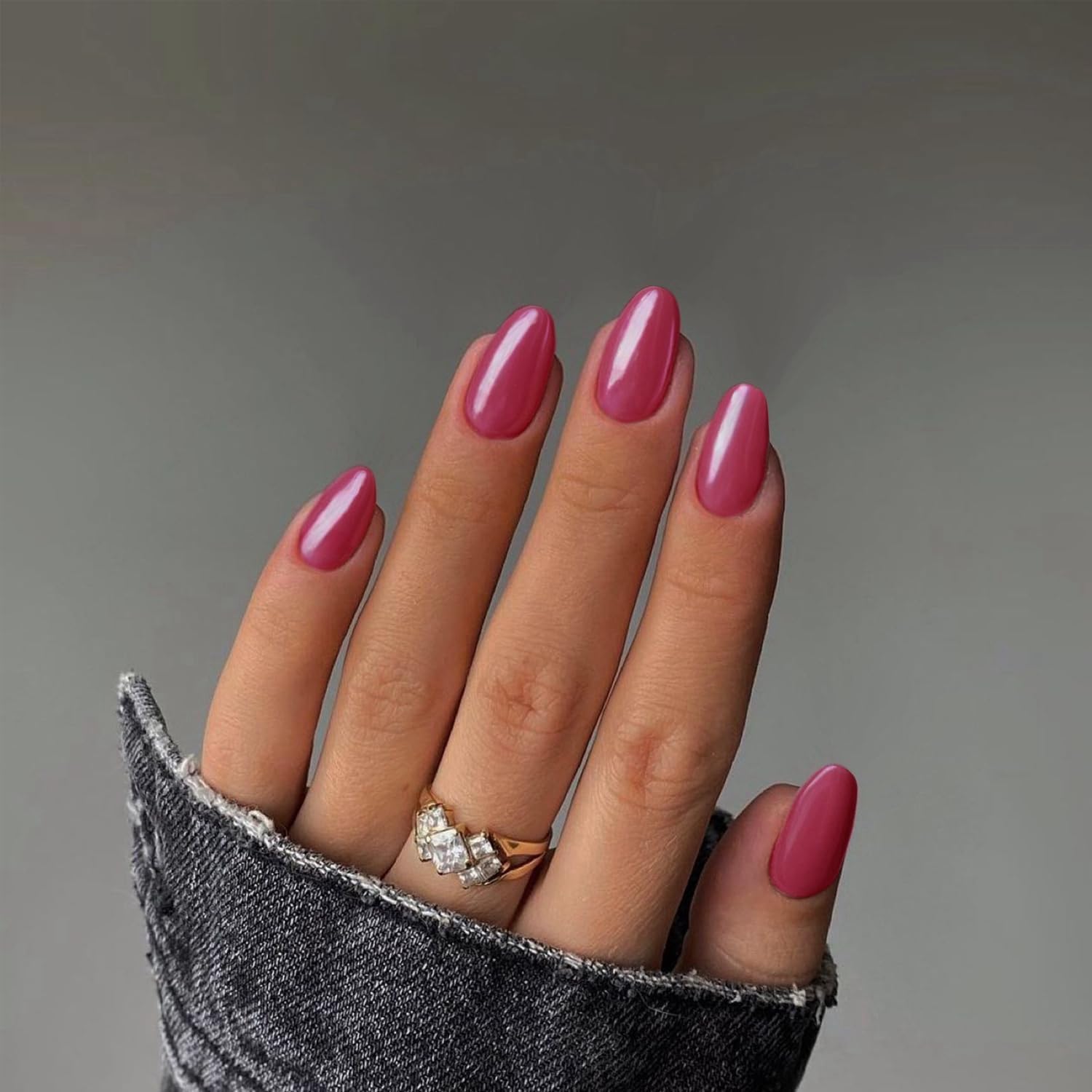 Hot Pink Chrome Press on Nails Medium Almond Nails Press ons Metallic Nails Glue on, Acrylic Nails Fake Nails for Women, Thick Shinny Glazed False Nails Glue on Nails Medium Oval Nails for Party 24Pcs