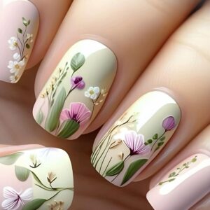 Spring Flower Press on Nails Short Square Fake Nails Glossy Pink Acrylic Nails Press on False Nails with Floral Designs Spring Summer Glue on Nails Short Stick on Nails for Women Nail Art Decor 24PCS