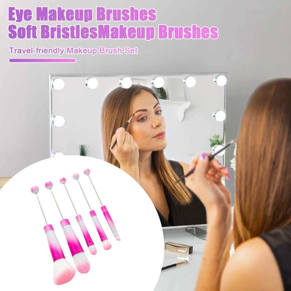 5pc Pink & White Beadable Makeup Brush Set with Free Powder Puff for Foundation - Image 5