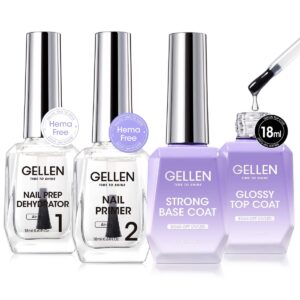 Gellen Nail Dehydrator and Primer with Base Coat Top Coat, Acid-Free Hema-free Nail Prep Dehydrator Primer 18ml UV Superior Glossy Top Coat for Acrylic Gel Nail Polish Nail Art Supplies Gift for Women