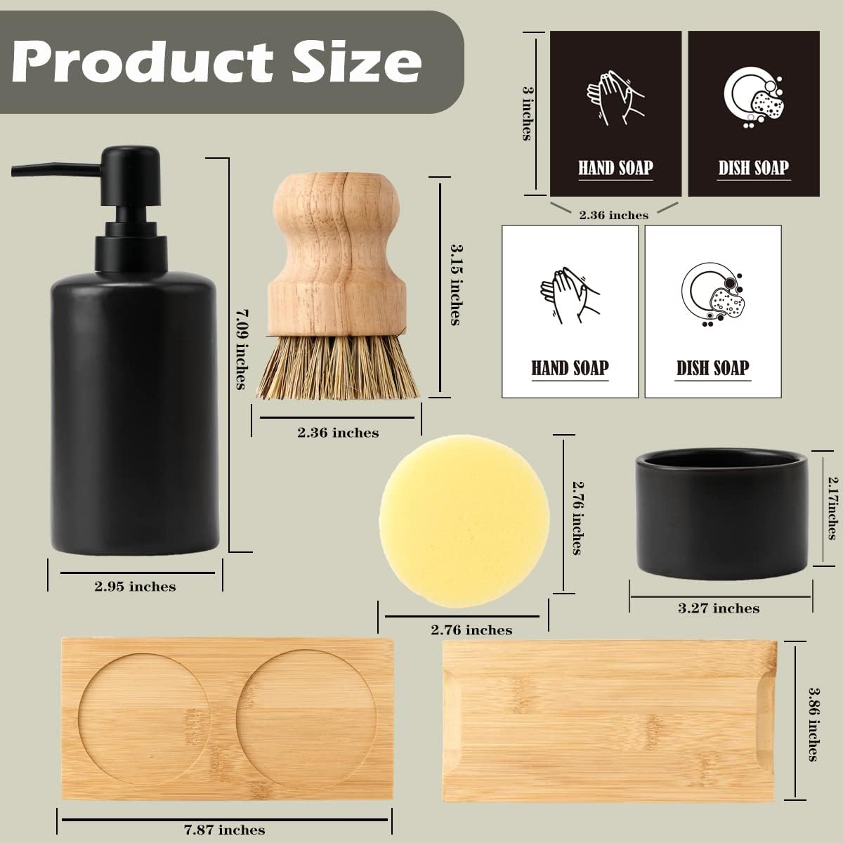 Black Kitchen Soap Dispenser Set with Rubber Wood Brush, Bamboo Tray - 13.5oz - Image 4