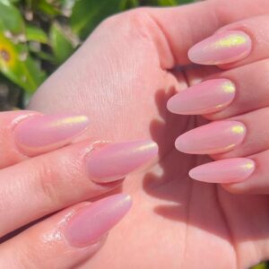 GLAMERMAID Press on Nails Medium Almond, Handmade Glossy Gel Nude Pink Golden Glitter Galaxy Fake Nails Shinny Stiletto, Short Oval Pearl Shimmer Acrylic False Nail Kits Stick Glue on Nails for Women