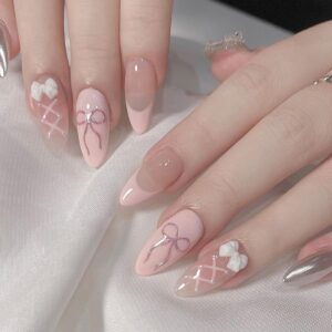 30 Pcs Nude Press on Nails Short Almond - YEFIUO Rose Gold Extra Short Fake Nails Press ons Nail Art Tips French Glue on Nails with Bow Design Full Cover False Nails Stick on Nails Acrylic Nail Kit