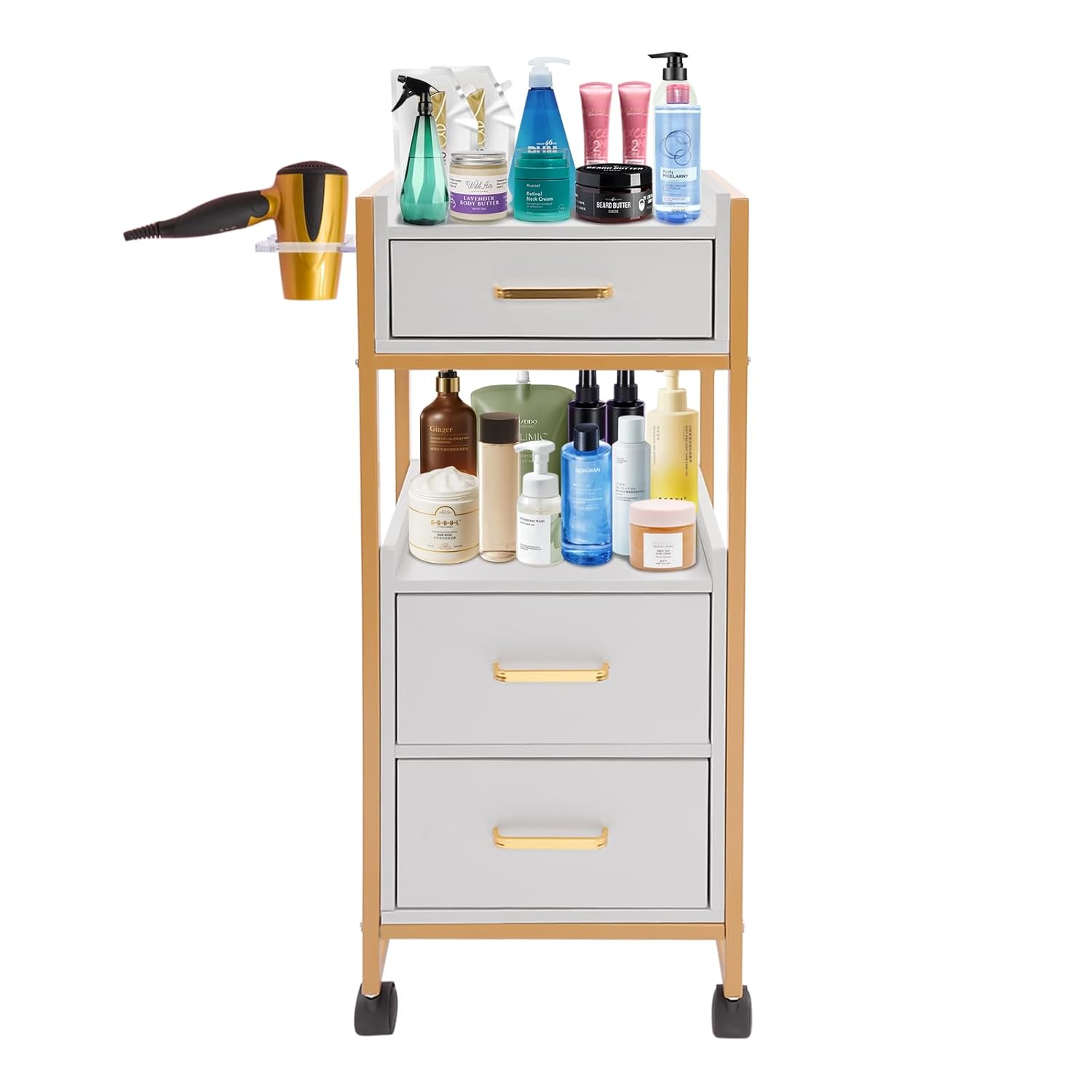 Salon Cart Barber Trolley with Lockable Wheels, Barber Shop Tool Cart Salon Storage Trolley, 5 Drawers and Hair Dryer Holder Makeup Organizer Beauty Cart (Gold and White)
