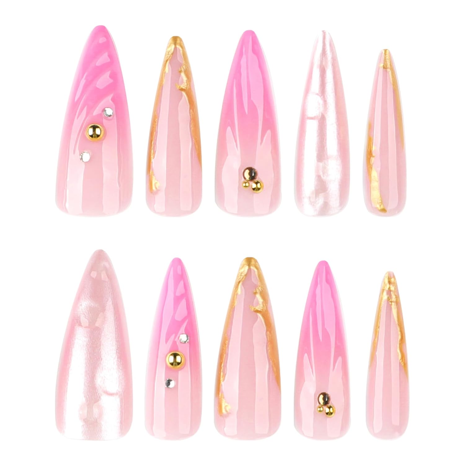 Glossy Pink Ombre Stiletto Press on Nails with Gold Design, Reusable 24 Piece Set - Image 4