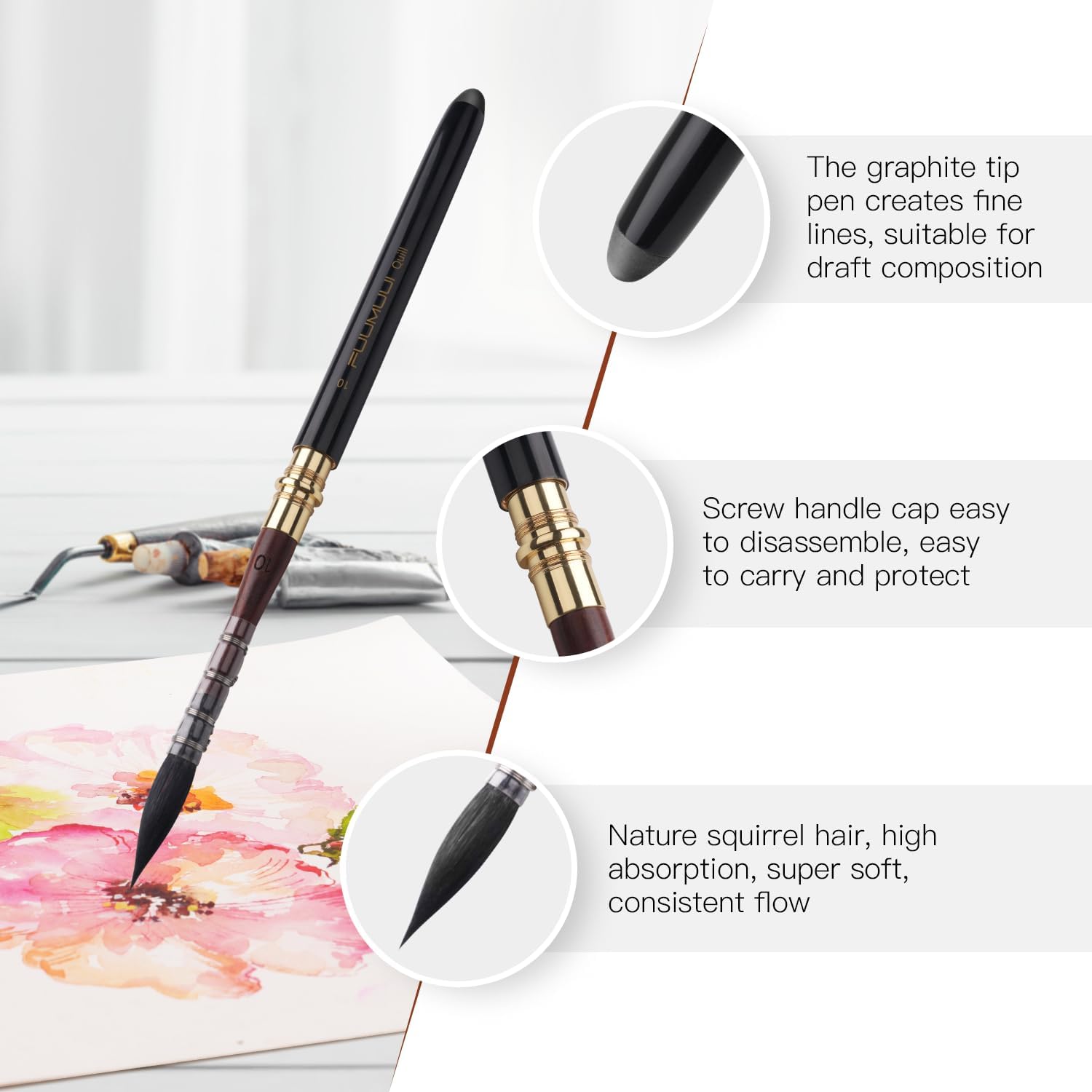 Fuumuui 6pc Natural Squirrel Hair Watercolor Brush Set with Graphite Tip Pen - Image 2
