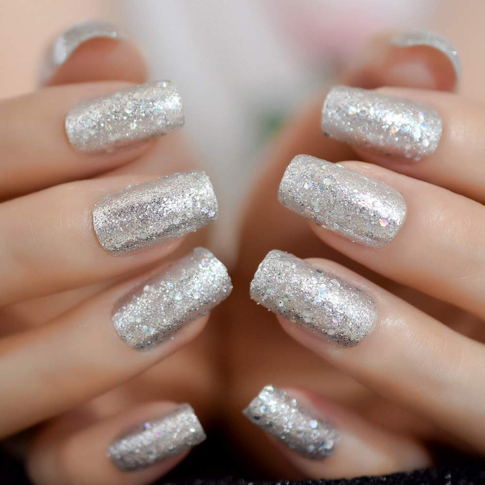 Medium Long Square Reusable Glitter Press-On Nails with Adhesive Tabs and File - Image 4