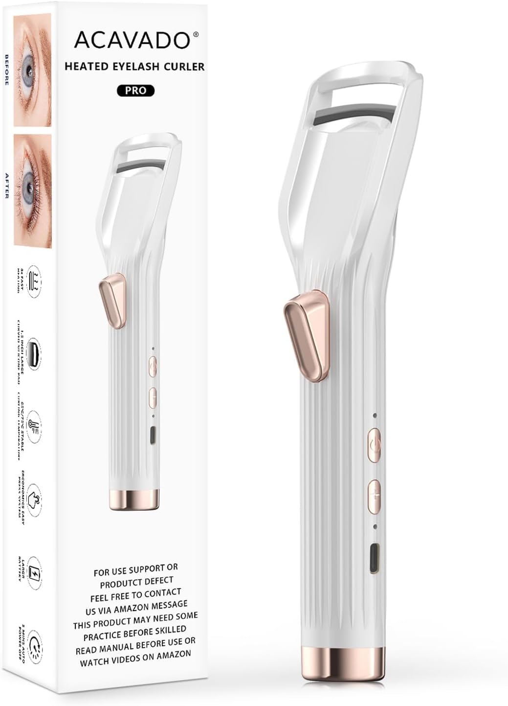 Heated Eyelash Curler Premium PRO - Fast Heat up in 8s - 24 Hours Long Lasting - Rechargeable Electric Eyelash Curler with Type-C, Innovative L Silicone, 2 Heat Modes, Anti-Burn Eyelid, White-CA