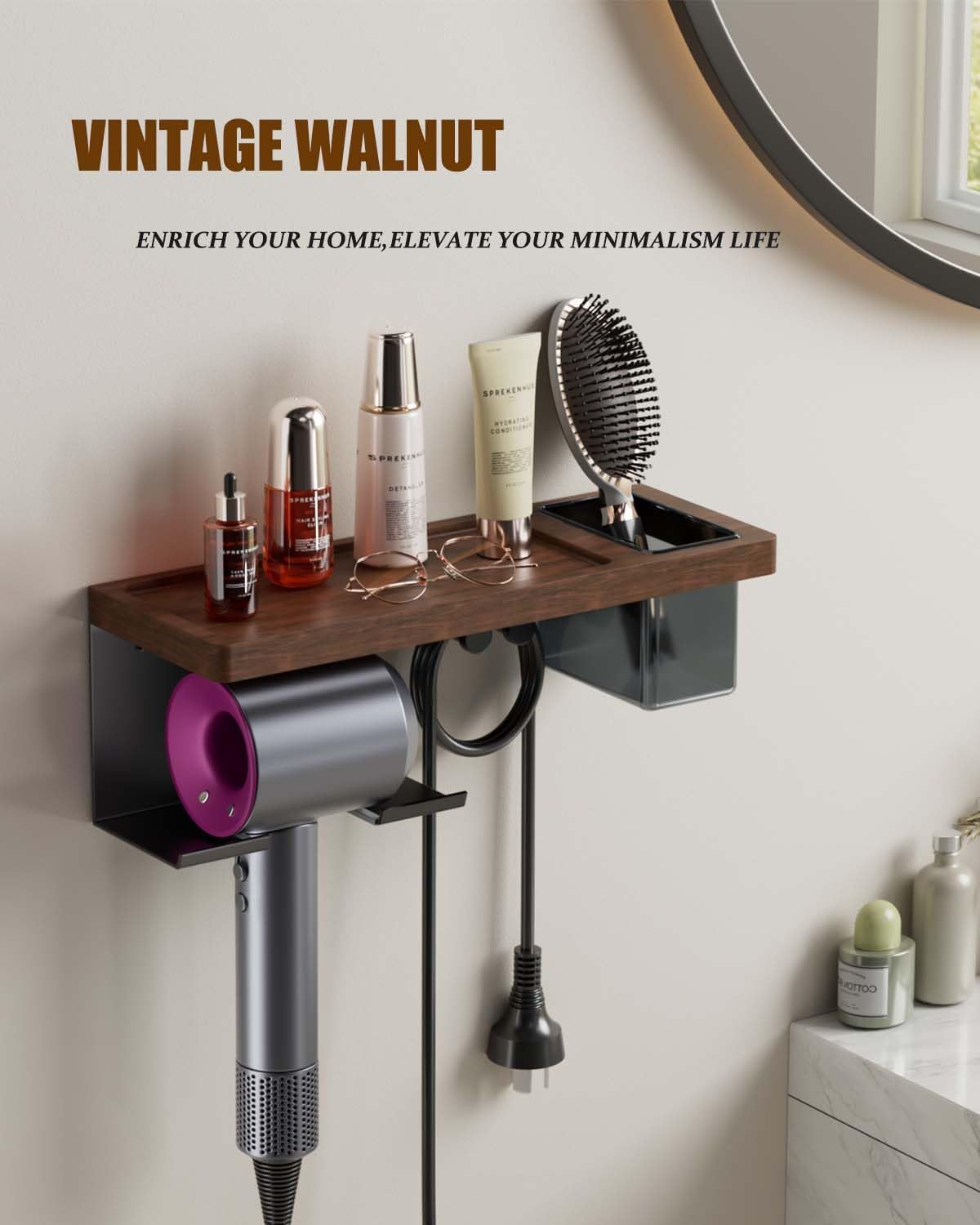 Modern Black Walnut Set Wall Mounted Hair Dryer Holder Aluminum Alloy Organizer - Image 3