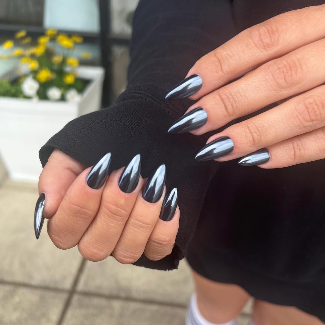 Almond Chrome Glazed Mirror Metal Black Press on Nails Medium Length Reusable Acrylic Set - Image 2