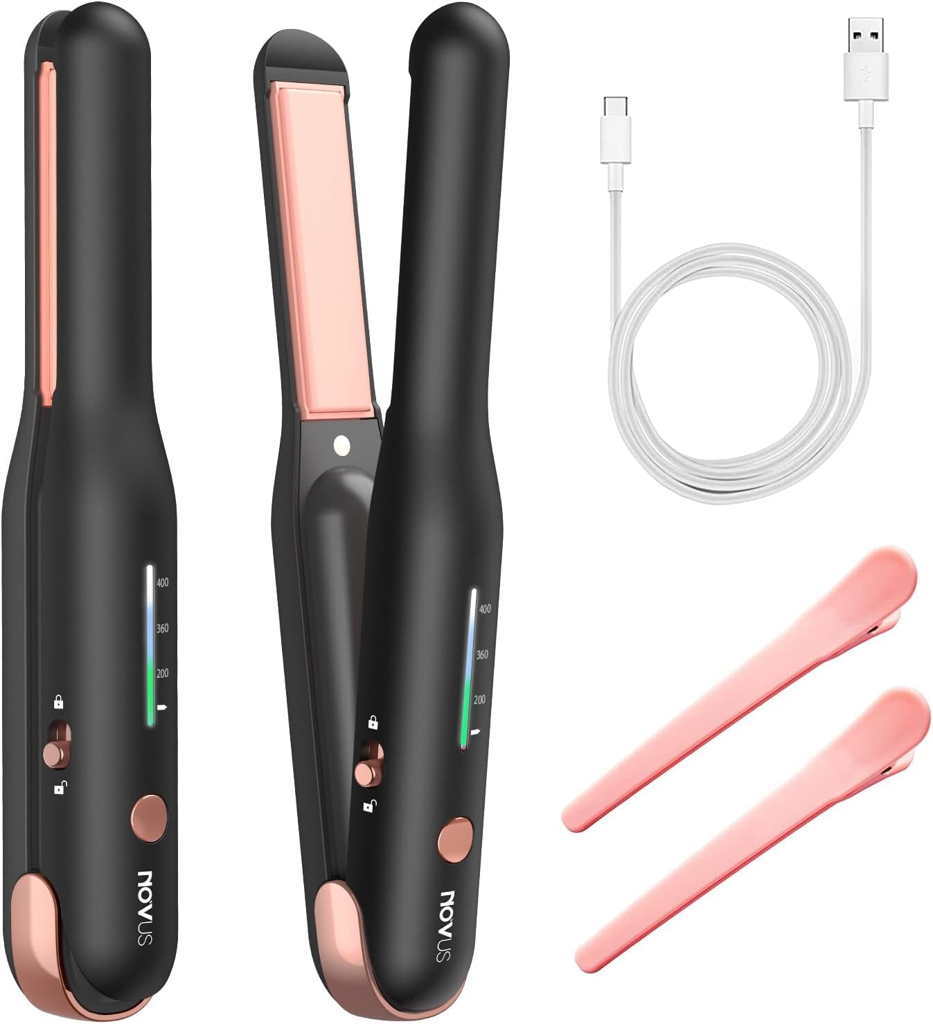 NOVUS Cordless Hair Straightener, for Fine Soft Hair/Short Hair, Portable Ceramic Hair Straightener and Curler 2 in 1, USB Rechargeable Cordless Flat Iron, Mini Size Straightener for Travel