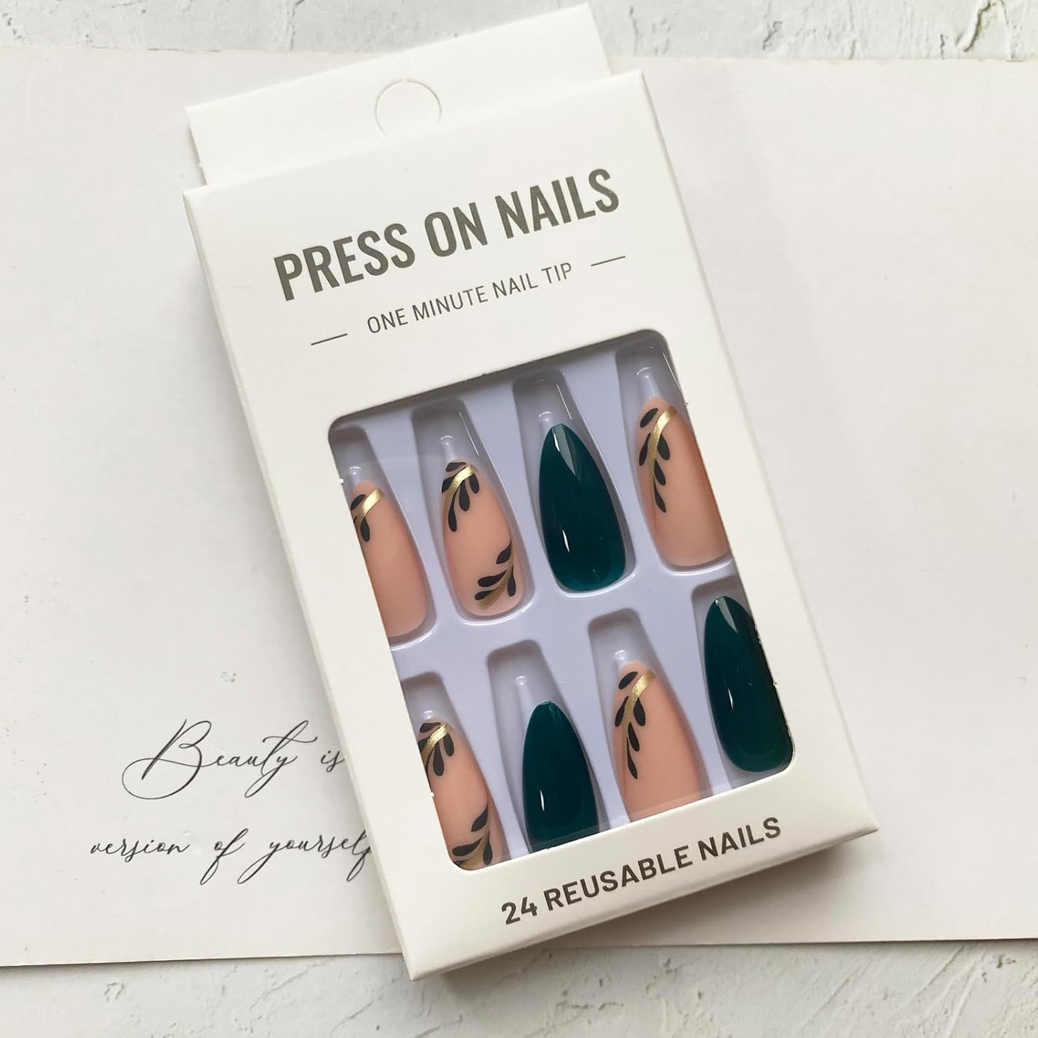 24 Pcs Medium Length Almond Shaped Press on Nails in Green with Gold Leaf Designs - Image 7