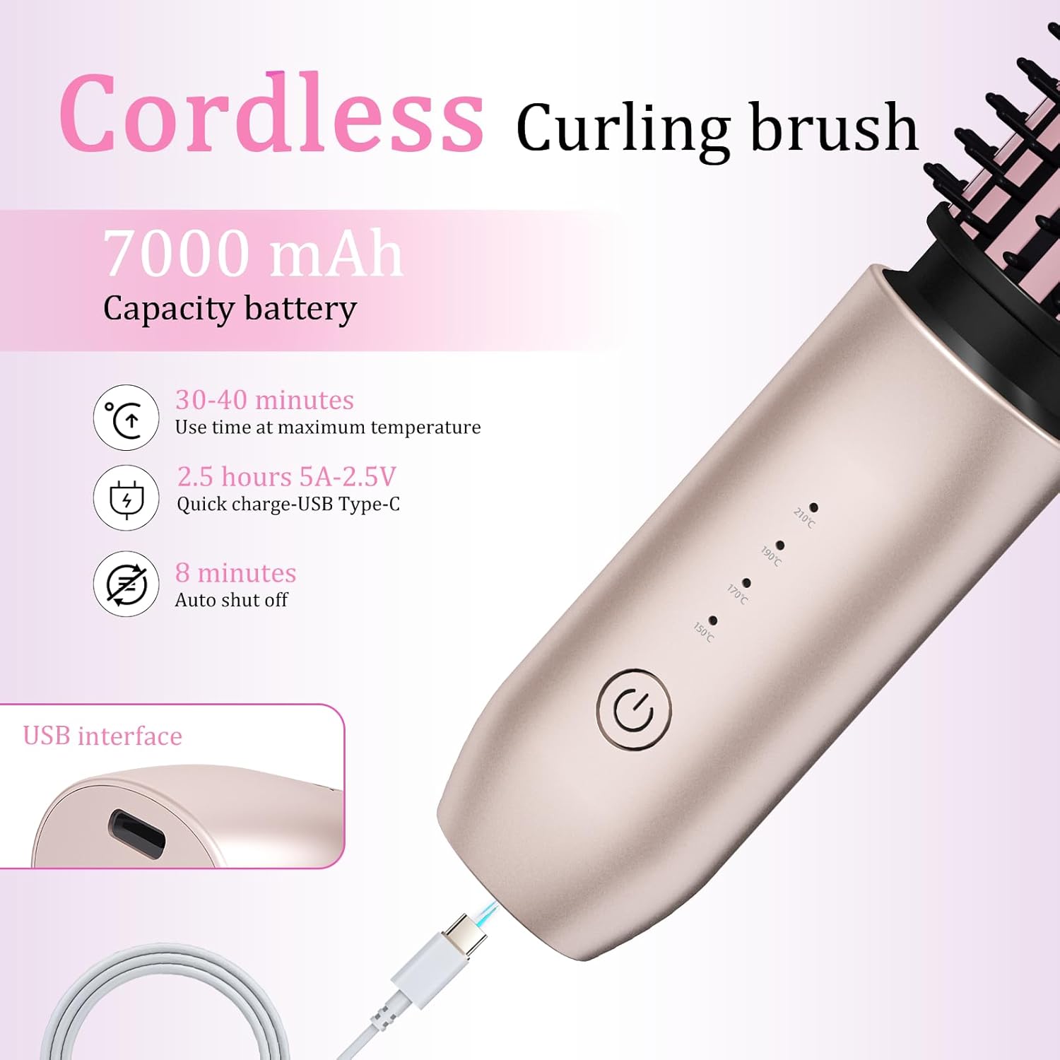 Portable Mini 3-in-1 Cordless Hair Curling Iron Brush with 7000mAh Battery, Blush Pink - Image 6