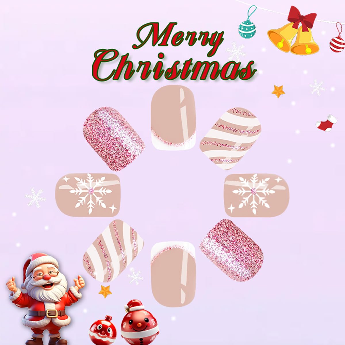 Glossy Short French Tip Fake Nails with Glitter Snowflake Design, 24 Pcs Set - Image 5