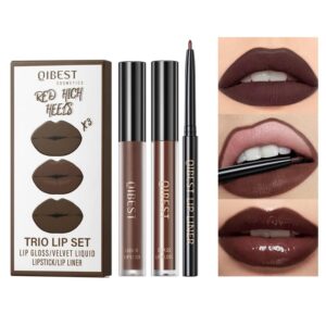 MAEPEOR All In One Lip Kit - 3 In 1 Smooth Lipliner, Lipgloss & Velvet Matte Liquid Lipstick Set with Hydrating Moisturizing Gloss and Creamy Liner - Kit 11, Hot Chocolate