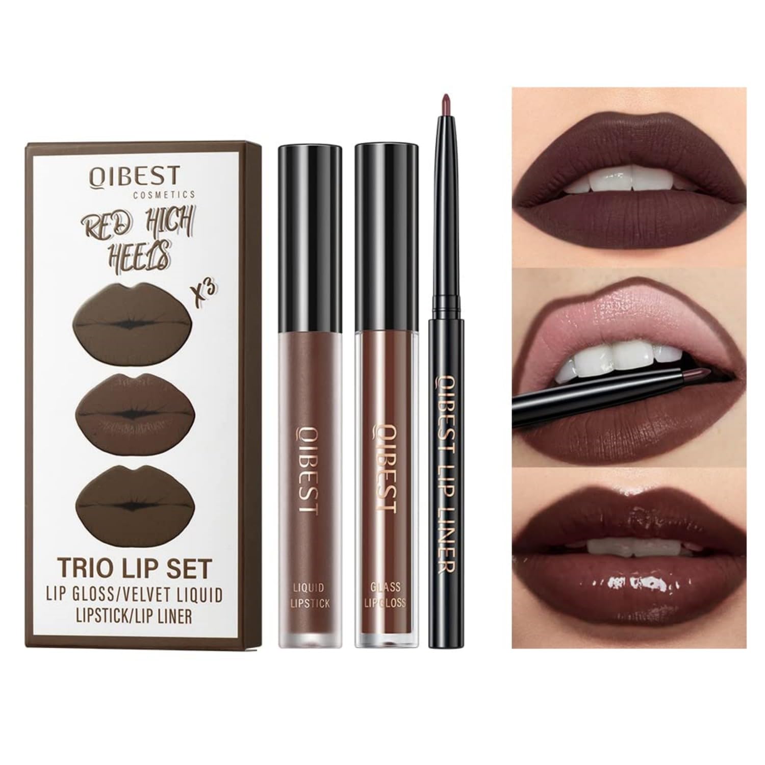 MAEPEOR All In One Lip Kit - 3 In 1 Smooth Lipliner, Lipgloss & Velvet Matte Liquid Lipstick Set with Hydrating Moisturizing Gloss and Creamy Liner - Kit 11, Hot Chocolate