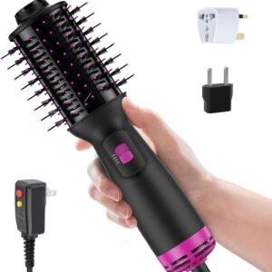 Dual Voltage Mini Hair Dryer Brush with UK/EU Plug, Blow Dryer Brushes 120V - 240V for European Travel, One Step Hair Dryer and Styler Volumizer with Negative Ion Anti-frizz Styling Brush