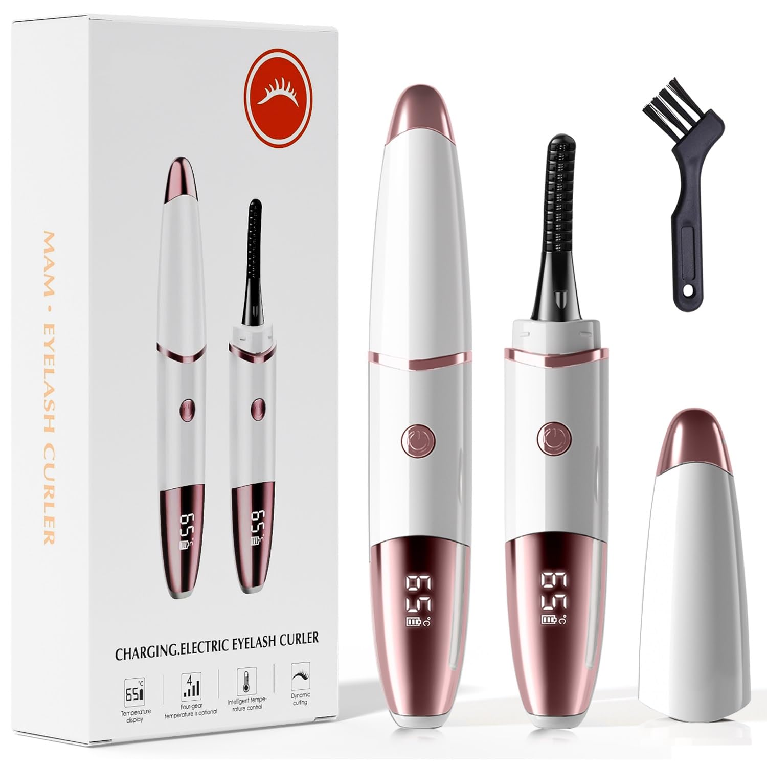 Heated Eyelash Curler, Fast Heat up Within 10s, 24 Hours Long Lasting, Rechargeable Electric Eyelash Curler, Temperature Control, Mini Lash Curler Safe Anti-Burn Eyelash Curle, with LED Display-White