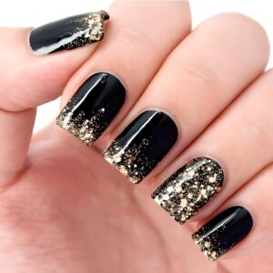 Black Press on Nails Short Square WLGDLH French Fake Nails Glitter Ombre False Nail Art Tip with Gold Glitter Design Acrylic Nails Full Cover Glossy Glue on Nails for Women Girls 24 Pcs